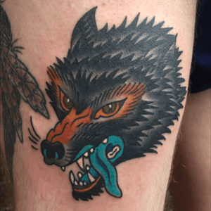 Traditional wolf by jesse strother #wolf  #wolftattoo #color #traditionalcolor #bluetongue #rad #trad #traditional #BoldTattoos 