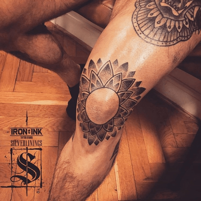 Traditional red mandala tattoo on the knee  Tattoogridnet