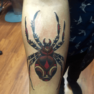 Traditional spider tattoo done by Nicole Hanson at Gypsy Tattoo