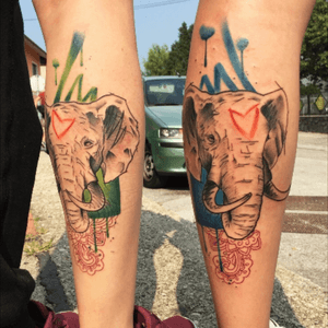 Sister tattoo 😁 by Brink Tattoo Slovenia #brinktattoo #brink #slovenia #mariborink #elephants #sisters #twins #tattoo #greenandblue #loveink #loveit 