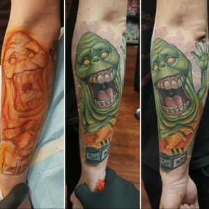 Slimer (Freehanded) Ghostbusters Tattoo done by Halo Jankowski (Spike Tv's Ink Master Season 4/Final 4 Contestant)  @ Black Lotus Tattoo Gallery.  #Ghostbusters #Slimer #freehandtattoo 