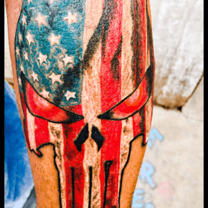 My best friend says I'm going to have so many patriotic tattoos that people are going to protest when I walk by. I pity the fools! Art by Justin Burkhardt @undertheskintattooing on FB #punisher #punisherskull #punishertattoo #patriotic #flag #skull 