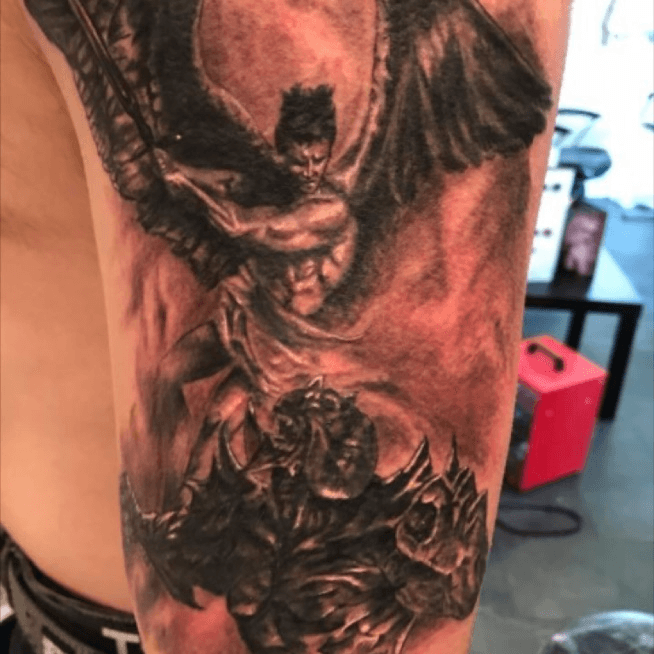 Tattoo uploaded by WAPA Tattoo Studio  detailed angel vs demon battle  sleeve  Tattoodo