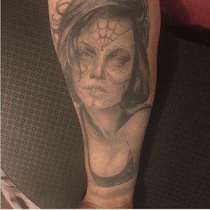 Day of the desd woman done by Sam Janbi at Apollo Tattoo Arts in Leigh, UK. #DayOfTheDead #Woman #BlackAndGrey #Portrait