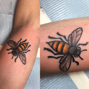 little bee done by Dustin at Flipside Tattoo Inc. in Calgary, AB #tattoo #bee #color #traditionaltattoo 