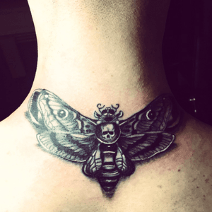I got it !!! I love it !#tattoo #butterfly #butterflytattoo #neck #sphinx #sphinxtetedemort #inkedboy #blackAndWhite 