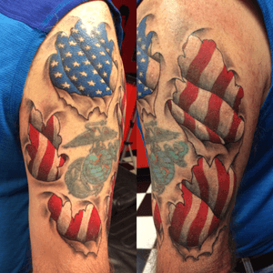 Reveal of American flag surrounding 28 year old Eagle, Globe, and Anchor. New piece by Dave, Lucky Cat Tattoo My Sinai NY. 