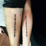 Hubby and wife matching tattoos, done on a dare while driving from NYC to FL. #matching #couple #lyric #texture 