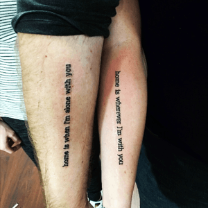 Hubby and wife matching tattoos, done on a dare while driving from NYC to FL. #matching #couple #lyric #texture 