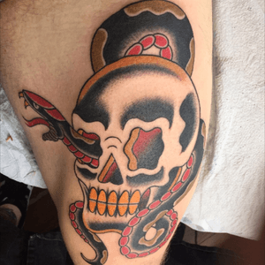 Traditional Snake and Skull done by Micah Harold in Shreveport, La.
