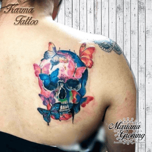 Skull and butterflies tattoo #tattoo #tatuaje #color #mexicocity #marianagroning #tatuadora #karmatattoo #awesome #colortattoo #tatuajes #claveria #ciudaddemexico #cdmx #tattooartist #tattooist #skull #craneo #butterflies