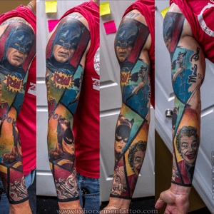 Oldschool batman sleeve #tattoo #tattoos #tattooartist #seventhsealtattoo #seventhsealtattooclub #realism #realistictattoo #batman 
