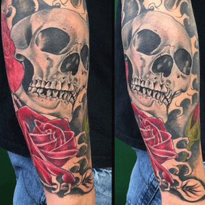 A little more added onto this #custom lower #halfsleeve for Rich. Coloured the skull in #opaques too! Love it!! #tattoo #fusionink #phoenixbodyart #skull #greyopaques #realismrose #waves #leaves #realism #igdaily #colour #tattoocolourwork #hustlebutter #cheyennetattooequipment #ongoing #wip #clairebraziertattoos @killerinktattoo #killerinktattoo