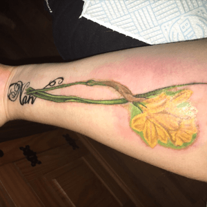 My memorial tattoo to my Nan, her ashes are in the yellow of the daffodil 🙂