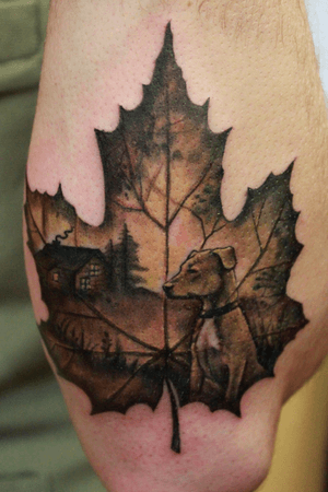 Custom #lakehouse #cabin and #dog #petportrait tattoo by Sean Ambrose at Arrows and Embers Tattoo. Thanks for looking!
