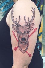 My left upper arm. Dotwork Deer with red arrows.  Done by Karsten Dach @ Chorus Tattoo Berlin