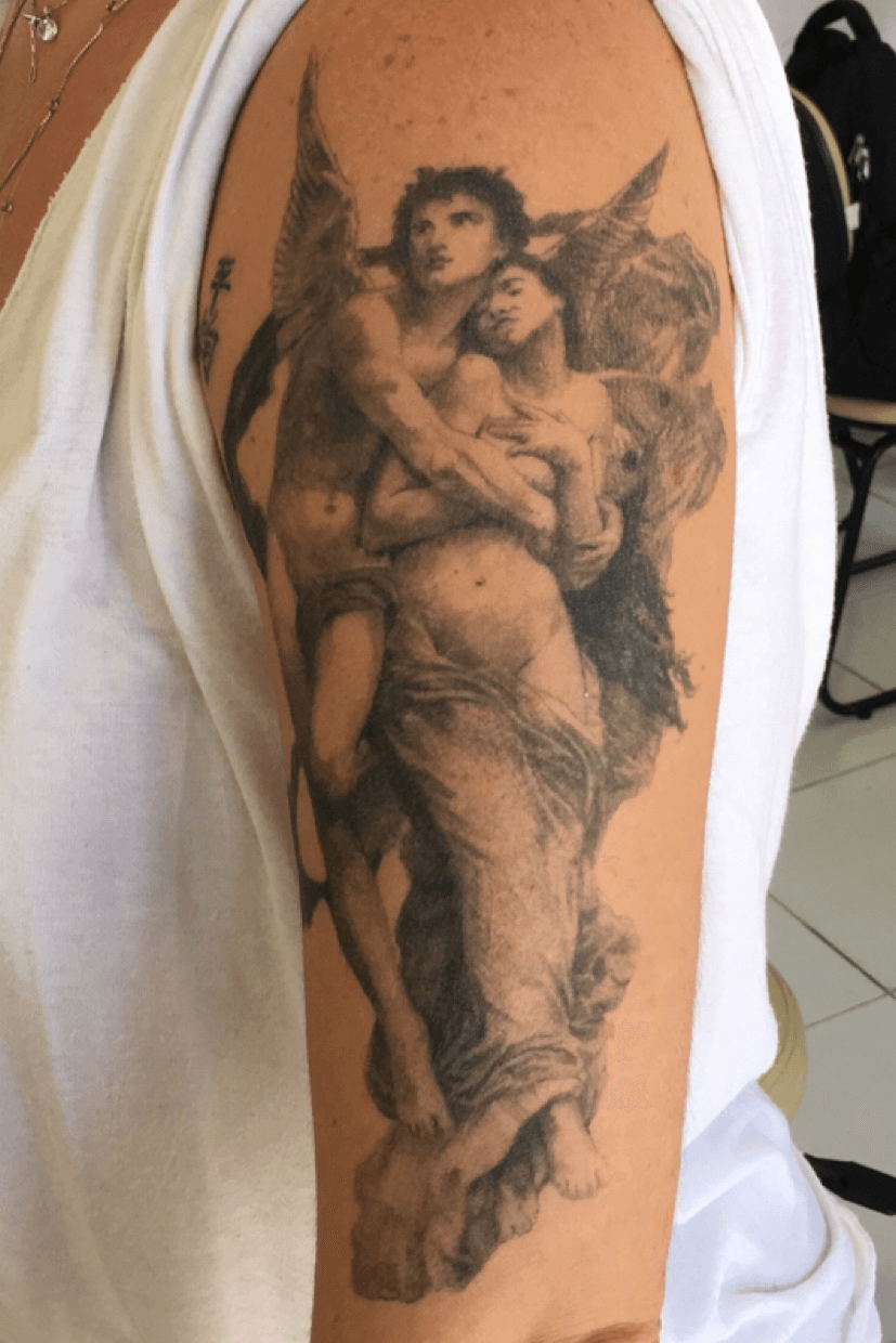 Greek tattoo cupid and psyche getting from slightly different  anglesomeday  Greek tattoos Tattoos Cupid and psyche