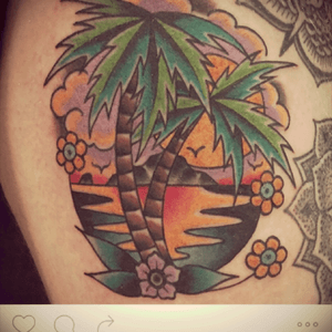 Work by jesse strother #beachtattoo #sliceofparadise #ohioink #paradise #colortraditional  #palmtree 