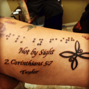 Brailled tattoo for my daughter Taylor who is blind. "Walk by faith, not by sight".