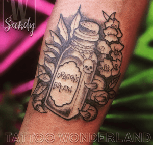 #dragonsbreath will cure anything. @sandydex_tattoos @tattoowonderland #youbelongattattoowonderland #tattoowonderland #brooklyn #brooklyntattooshop #bensonhurst #midwood #gravesend #newyork #newyorkcity #nyc #tattooshop #tattoostudio #tattooparlor #tattooparlour #customtattoo #brooklyntattooartist #tattoo #tattoos #potion #potiontattoo 