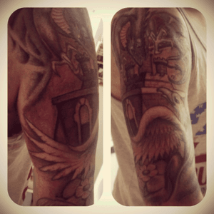 My first tattoo when i was 18. Its a dragon, griffin, castle and a rose to resemble northampton town football club ⚽️Done by Chris Lewis.#FootballSleeve #Mythical #Griffin #Dragon #Castle #Northampton 