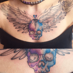 Chestpiece of skull and wings (not complete) #skull #skulltattoo #watercolour #wings #feathers #bright 