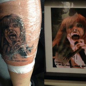 This is a tattoo of Hayley Williams. I had a press pass for a gig in Birmingham back in 2007. This is one of my photos which she later signed with a message saying: 'Clearly I'm an awesome person here'. I also have a photo of my taking this photo as well, I could talk about it and and my love for the band for hours!