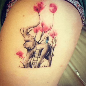 'A Happy Place' illustration by Norman Duenas. Done in Wellington by an artist from Melbourne! #wellington #ink #normanduenas #elephant #tattoo #legtattoo #melbourne #watercolour #watercolourtattoo #favourite 