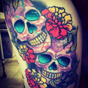Managed to get this piece finished when #rizzaboo was at #SacredElectricTattoo #candyskull #mexicansugarskull 