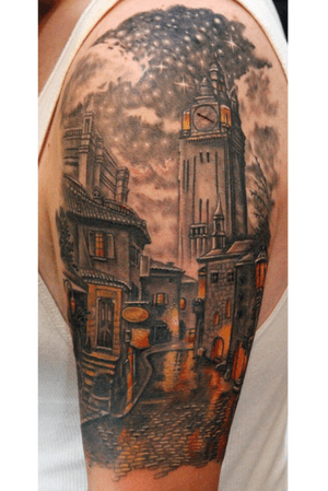 Custom #town #city #evening #glow tattoo by Sean Ambrose at Arrows and Embers Tattoo in Concord, NH. Thanks for looking! #tattoooftheday