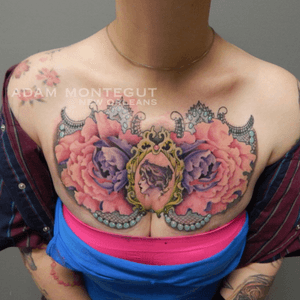 Peony and cameo chest piece by adam montegut @ new orleans tattoo museum