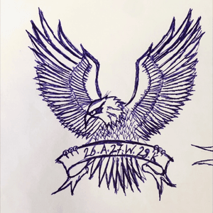 American Eagle tattoo idea. Pose was inspired from one picture on the net, but line work re designed by me. 26, 27, 28 with my parents and my initials representing their birth dates and mine. #upperback #wingstattoo #eagletattoo 
