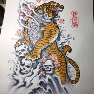 Custom Hand drawn Oriental Tiger by Yang Lee Tattoo in Malaysia. I had the idea of the Tiger and Dragon battling but i put a twist on it and made them each Rib pieces. Both the Tiger and Dragon are clutching skulls as waves are crashing in the background. Such sick artwork and I am very pleased with the outcome 