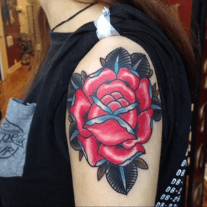 Traditional rose done by Kim Marks at Carne Tattoo in Victoria, BC. The starting piece for my traditional sleeve. #traditional #rose #traditionalsleeve 