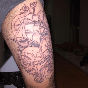 The start of my bros thigh a pirate piece! 