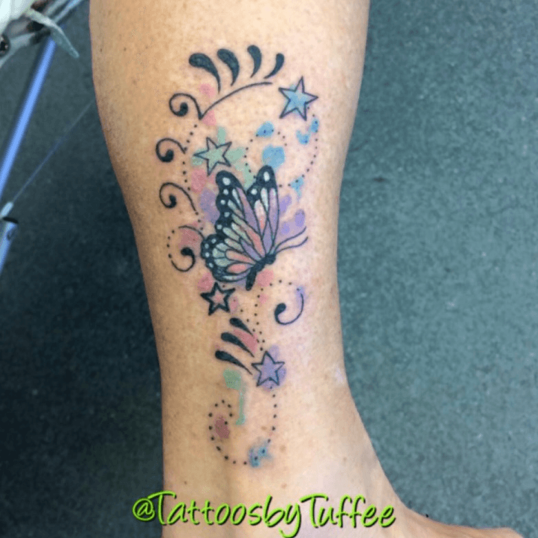 butterfly and stars tattoo on foot