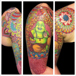 Tattoo by Lark Tattoo artist/owner Bruce Kaplan. #buddha #buddhism #yoga #meditation #laughingbuddha #color #colorful #colorbomb #fire #flame #redink #paisley #hennaart #hennadesign #geometric #lotusflower #arm #halfsleeve #brucekaplan #owner #artist #ownerartist #artistowner #LarkTattoo #LarkTattooWestbury #NY #BestOfLongIsland #VotedBestOfLongIsland #BestOfNYC #VotedBestOfNYC #VotedNumber1 #LongIsland #LongIslandNY #NewYork #NYC #TattoosEvenMomWouldLove  #NassauCounty #tattoo #tattoos #tat #tats #tatts #tatted #tattedup #tattoist #tattooed #tattoooftheday #inked #inkedup #ink #tattoooftheday #amazingink #bodyart