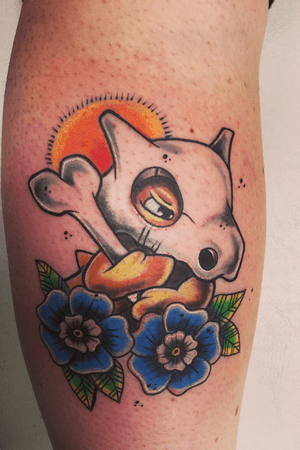 Cubone tattoo completed on back of calf. #tattooartist #tattooart #newschool #NewSchoolArtist #colortattoo #coloradotattooartist #eternalink #skinhousestudio #pokemon #pokemontattoo 
