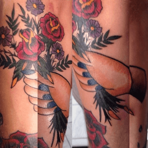  So stoked to have done this #traditional #handandflowers ! #tattooapprentice #colortattoo #traditionalrose #traditionalflower #calgarytattoocompany