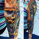 Thinking about getting this as a leg sleeve #egyptiantattoo #colourfulltattoo #sphinx #tutankhamun #allseeingeye #Pyramids 