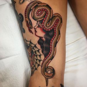 Done by Sterling Barck @ downtown Tattoo Las Vegas, Nevada. @Downtown_Tattoo_Las_Vegas #traditional #sterlingbarck #snake #traditionalladyhead #traditionalsnake #ladyhead