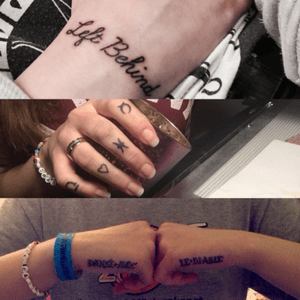 And theese are my smallest and most precious ones. Zodiac signs are for my mother, father and ex boyfriend (he died from cancer). The text are a slipknot song that means a lot to me, and the text on the sides are a reminder that you should not challange your faith/dance with the devil. #fingerbangers #smalltattoos #lyrics #slipknot #leftbehind 