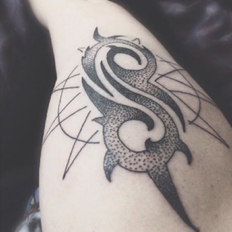 Tattoo uploaded by Megan Cameron • My first ever tattoo, the S from Slipknotand the pentagram! Done by: Niue Tatu Studio. #blackwork #pentagram # slipknot #niuetatustudio #dotwork #dotworktattoo #MyTattoo #love#firsttattoo #blackandgrey •