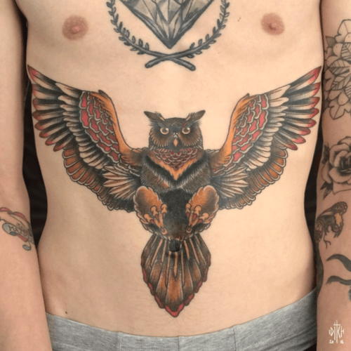 HEALED iditch@hotmail.fr #iditch #tattoo #mojitotattoo #toulouse #traditionaltattoo #owl #stomach #oldschool 