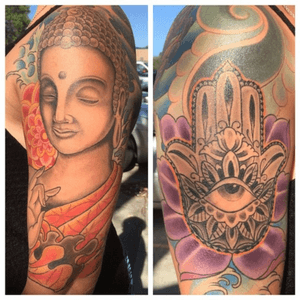 Buddah mandala work on my left arm, and a hamsa with lotus on my right #mandalatattoo #buddhisttattoo #buddha #hamsatattoo #hamsa #lotustattoo #wave 