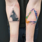 Part 2 and 3 of my humble collection. Boat sailing in space on both arms #space #geometric #negativespace #watercolor #WatercolorGalaxy #boatinspace #boat #galaxy #blackwork #symmetry #triangle 