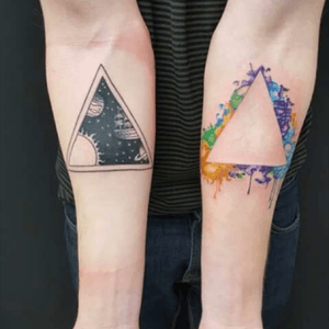 Part 2 and 3 of my humble collection. Boat sailing in space on both arms #space #geometric #negativespace #watercolor #WatercolorGalaxy #boatinspace #boat #galaxy #blackwork #symmetry #triangle 