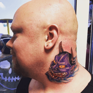 Hannya, the favourite part of my neck piece so far. Piece done by Lal Hardy. #LalHardy #NewWaveTattoo 