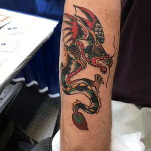 Sailor Jerry Flash, Dragon. Tattooed by James Wulfe of Grim North Portsmouth NH. Had this done at the Live Free or Die Tattoo Exp NH 7/2017. 