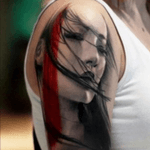 Arm tattoo #portrait #japanese #woman #blackandgrey #blackwork #redink 